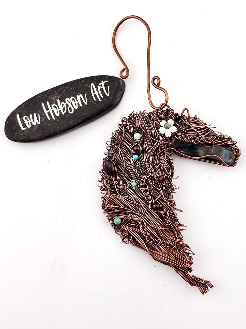 HANDMADE Horse Head Labradorite, MOP, Turquoise, Garnet Copper Ornament/Necklace